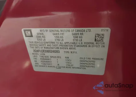 2014 Chevrolet Equinox 2Lt из США, поврежденный, VIN 2GNFLCE39E6249263